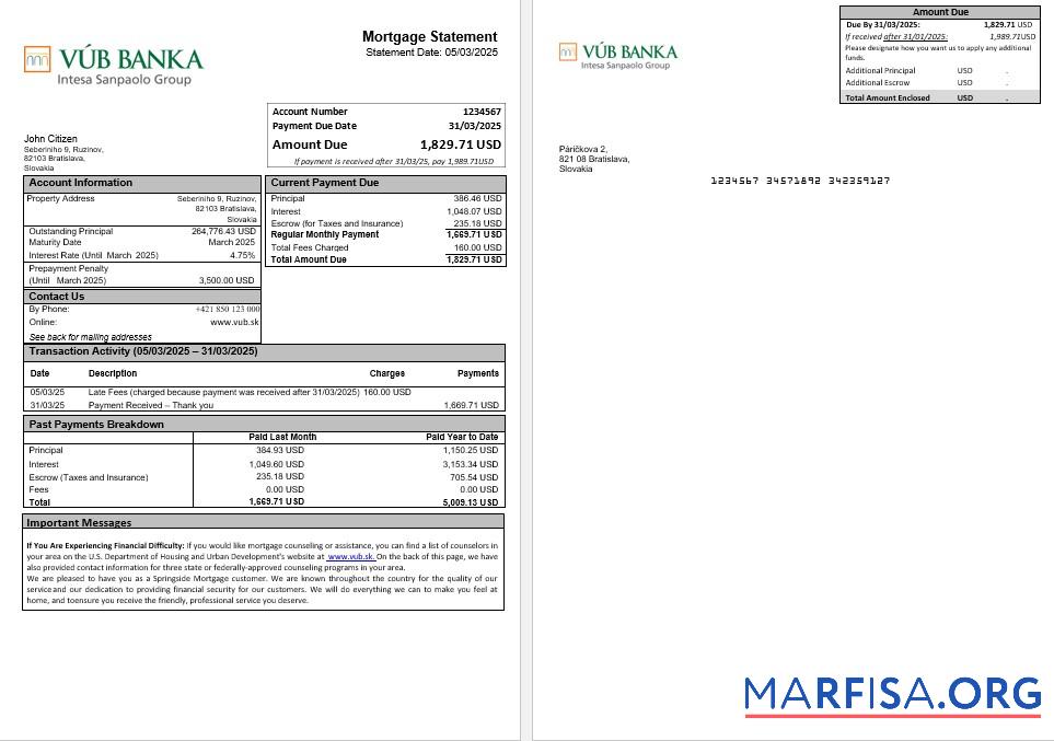 Realistic Slovakia VUB bank mortgage statement in Word and PDF formats template